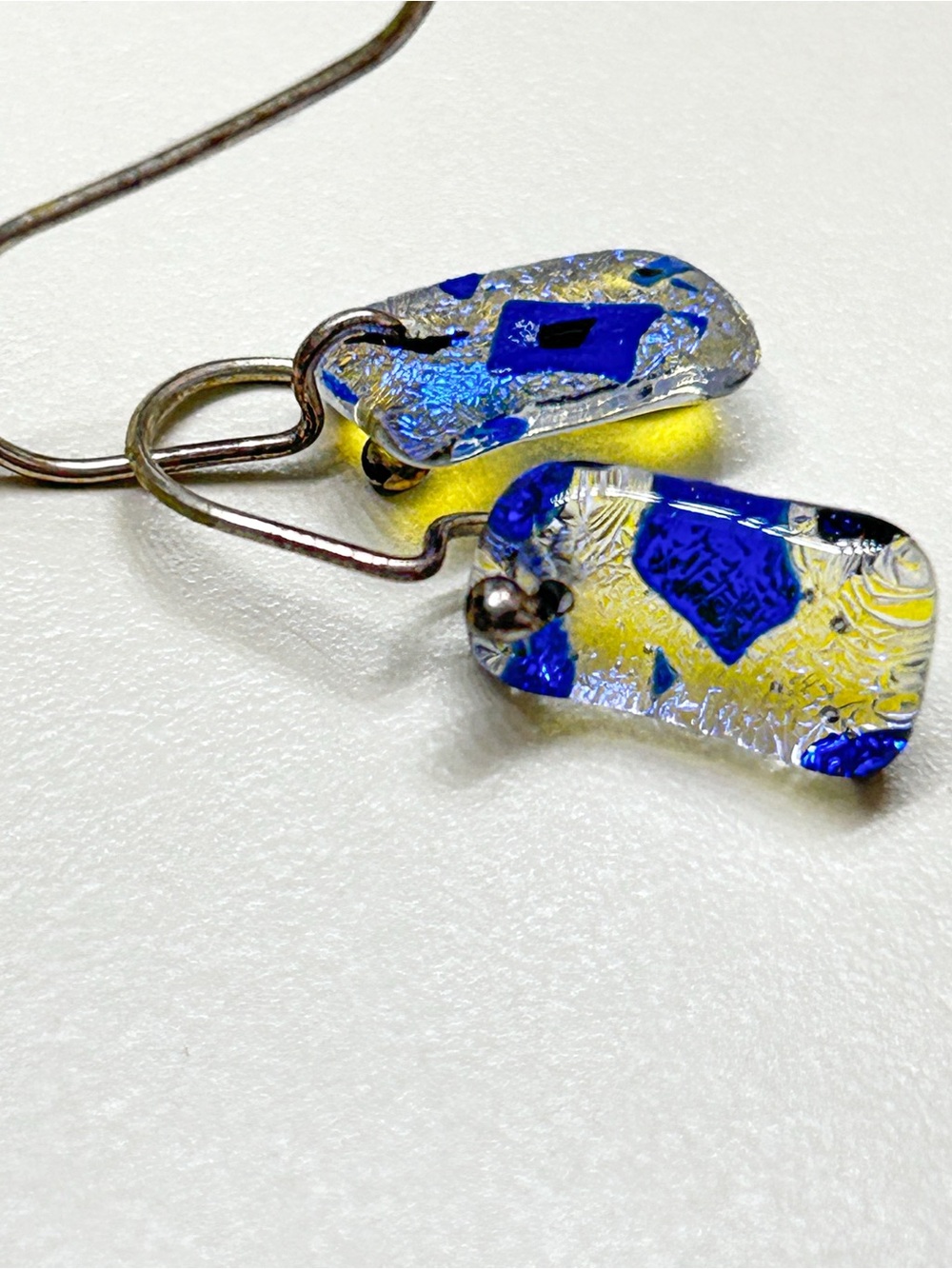 Vintage Dichroic Glass Dangle Earrings, Color Changing Blue & Gold Fused